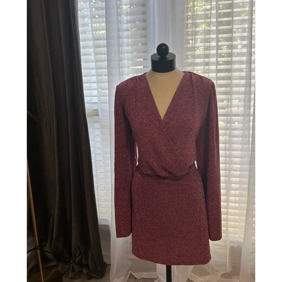 ❌SOLD❌MNG Pink Metallic Mini Wrap Dress Size 18 Cocktail Lightweight Stretch - Picture 11 of 15